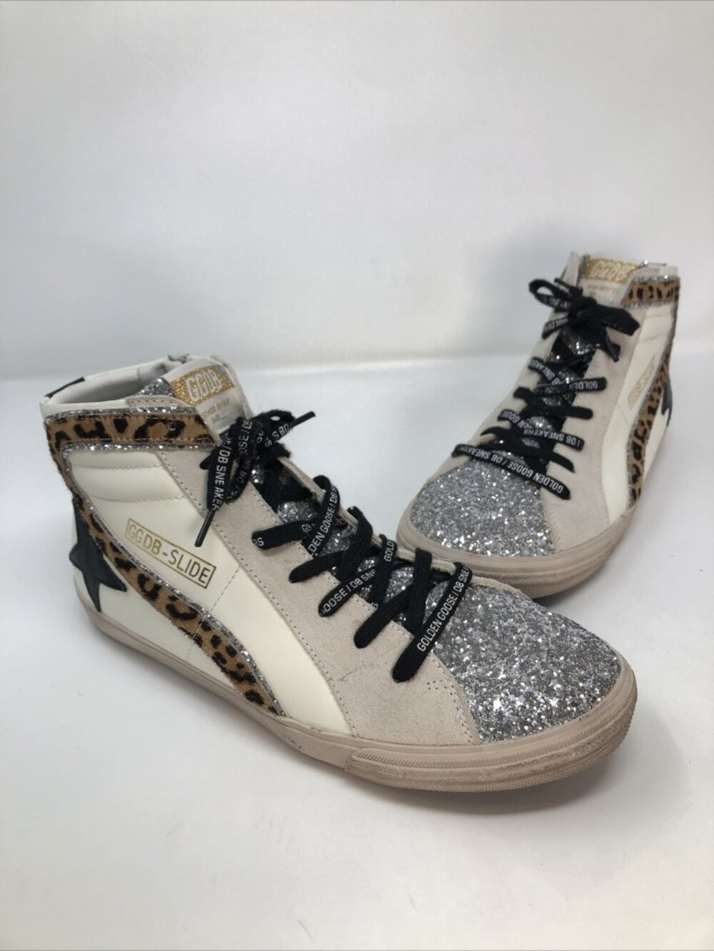 Golden Goose Shoes Womens 11.5 White Glitter GGDB Slide Hi Top Sneaker Leather